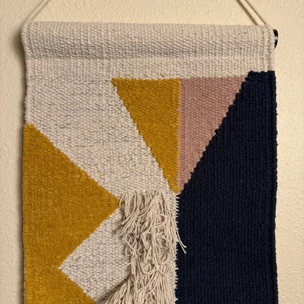 Anthropologie Boho Textured Geometric Wall Tapestry | Neutral + Navy Accents
